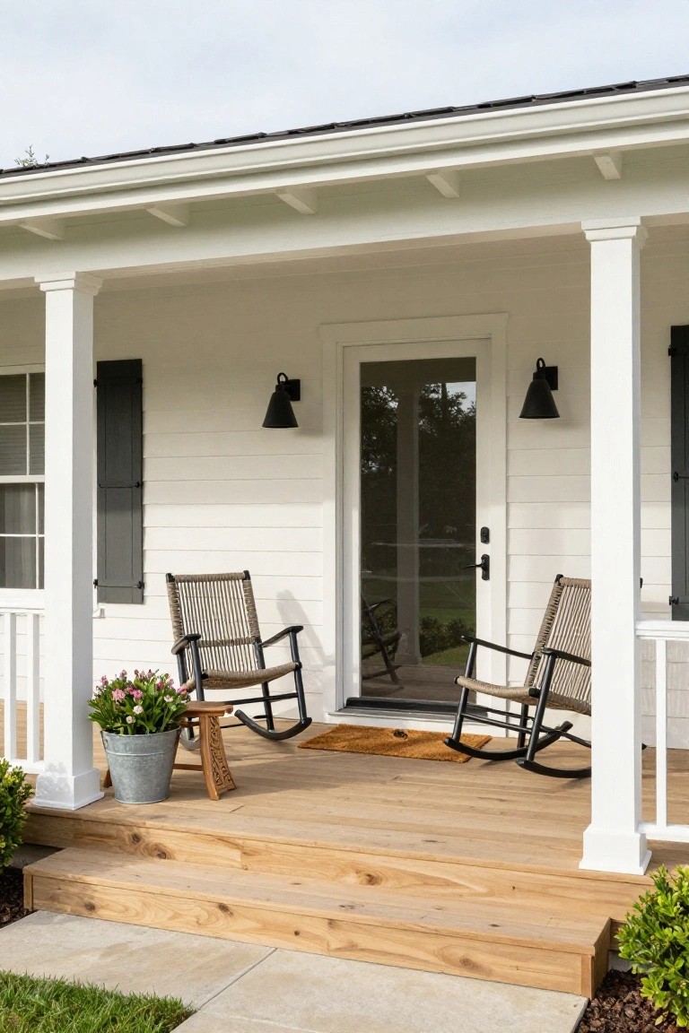 White board-and-batten house with covered front porch, two tan woven rocking chairs, metal bucket of pink flowers on wood deck, glass front door, black shutters, and wood steps to concrete path.