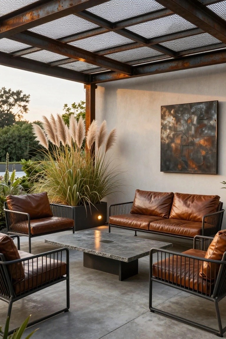 Outdoor seating area under a rusted metal grid pergola with tan leather armchairs and sofa around a black stone coffee table, tall pampas grass in a planter, and abstract metal wall art on a stucco wall.