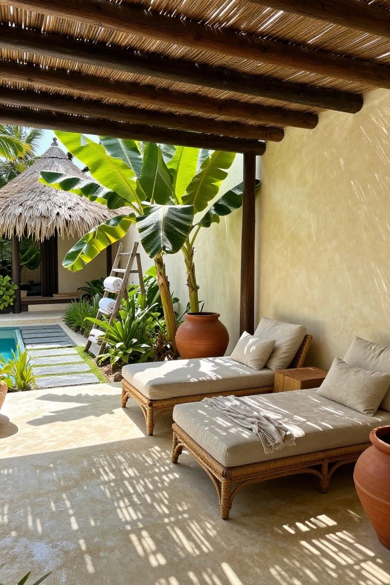 Outdoor patio under a thatched wood pergola with two beige cushioned loungers, large terracotta pots, banana plants, a wooden ladder holding white towels, and a small pool nearby.