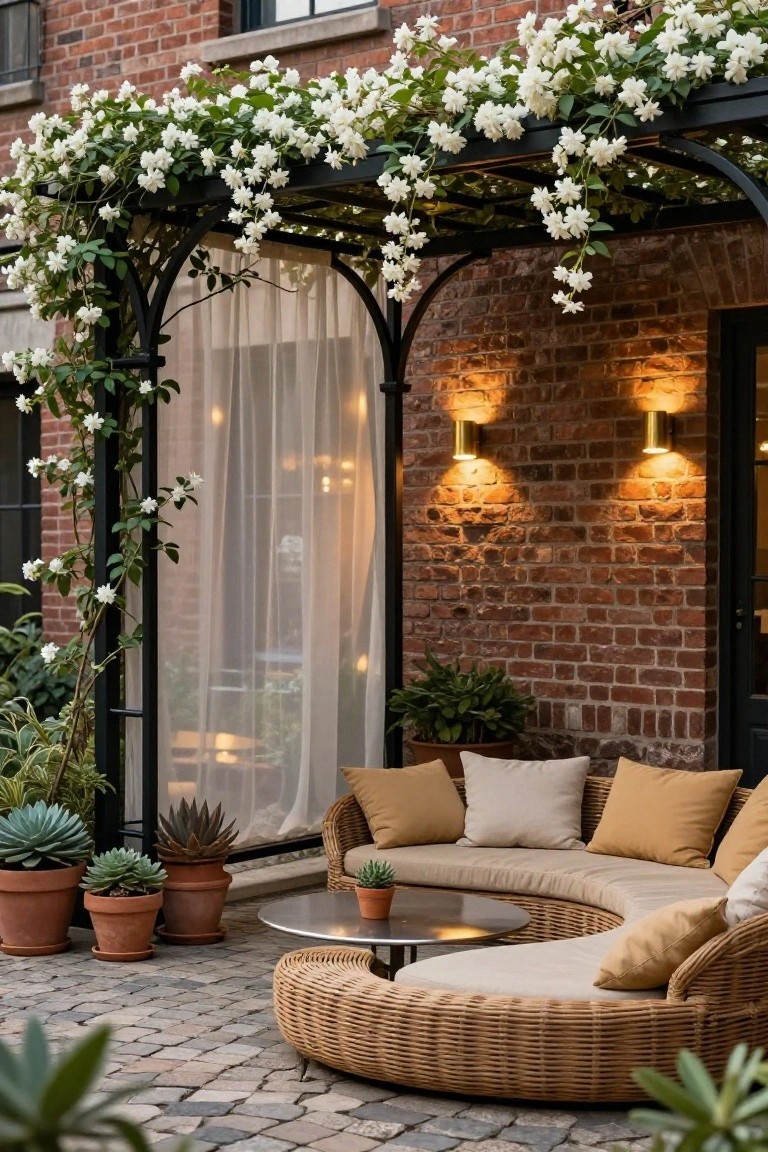Curved rattan outdoor sofa with cushions around a metal table under a black pergola covered in white flowering vines, next to a brick wall with sheer curtains, wall lights, potted plants, and cobblestone paving.