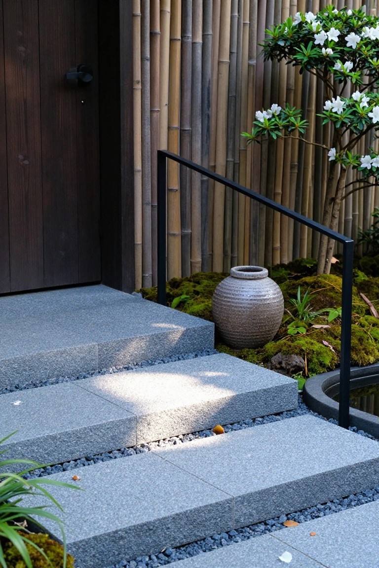 Wide gray stone steps with gravel joints lead up to a dark wooden door flanked by a black metal handrail, bamboo fencing, mossy plantings, a stone pot, and gardenia shrubs.