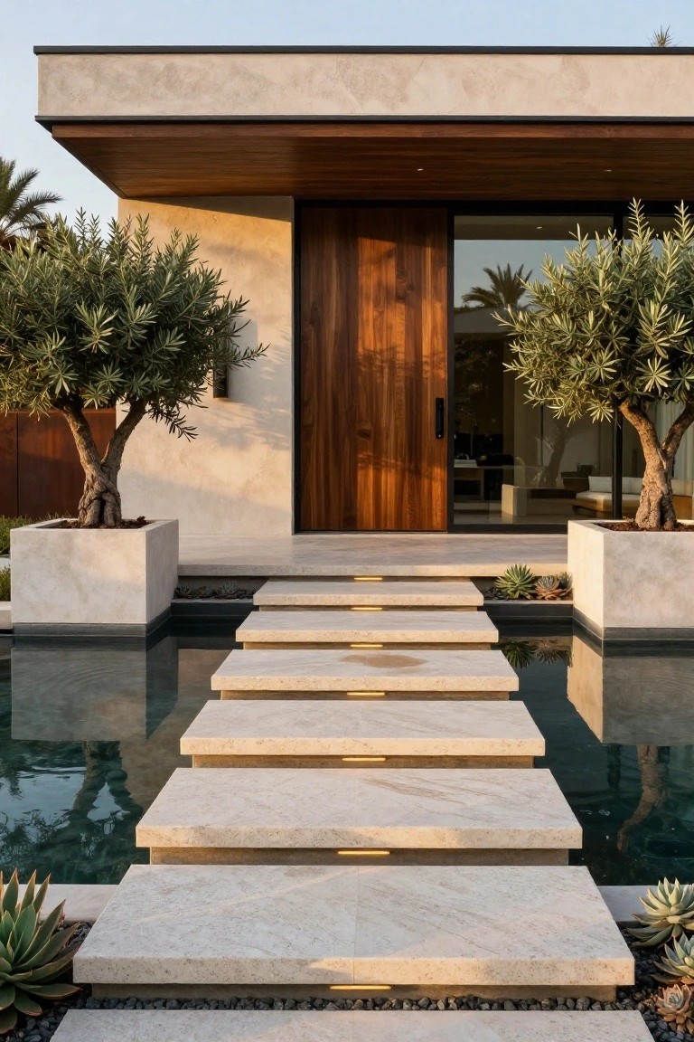 Modern house entrance featuring wide beige stone steps with gold accents spanning a narrow dark reflecting pool, flanked by large olive trees in square white planters and leading to a wooden door under a cantilevered overhang.