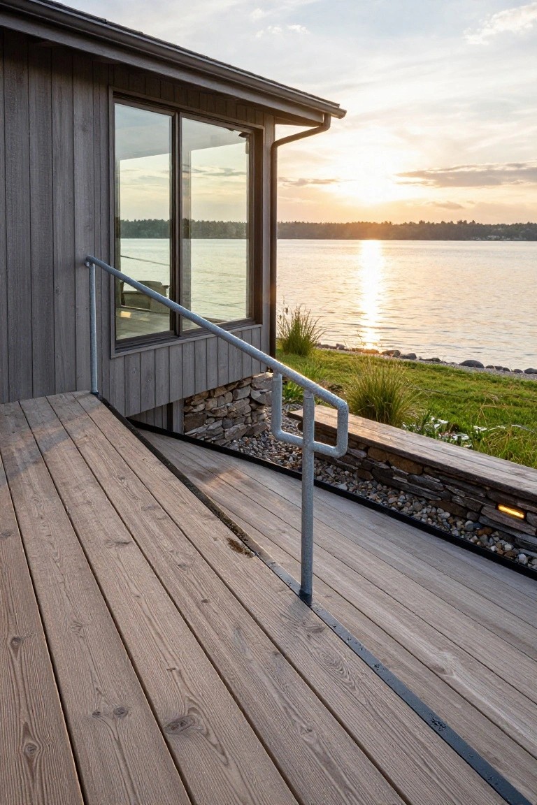 Modern gray wood-clad house exterior with large windows, wooden deck stairs featuring slim galvanized metal railings descending to a stone retaining wall and grassy lakeside yard at sunset.