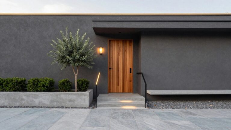 Modern house facade with dark textured wall, vertical slatted wooden front door, short concrete steps lit from below, black metal railing, olive tree in concrete planter, boxwood shrubs, and gray stone pathway.