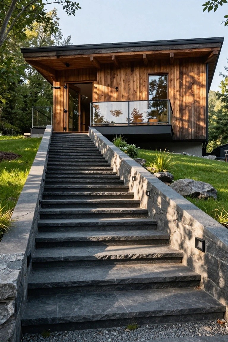 Modern wood-clad house elevated on a hillside approached by wide dark stone stairs flanked by stone retaining walls, with grass, plants, and gravel at the base.