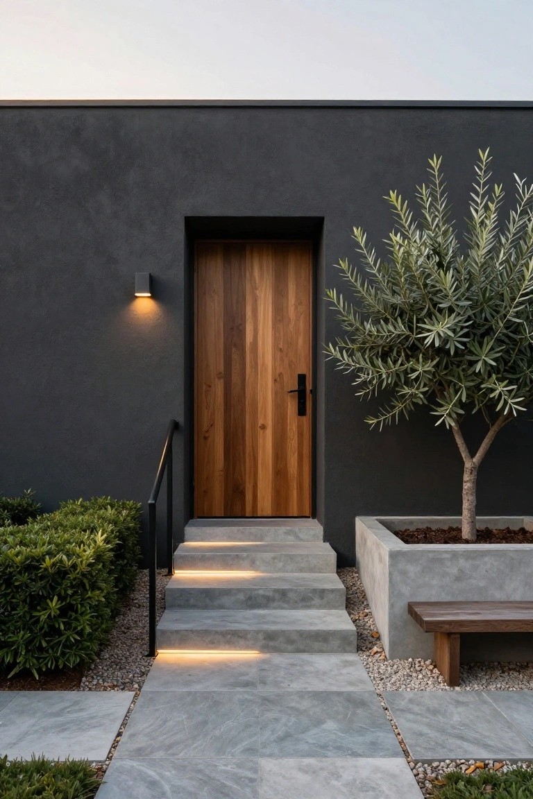 Modern house facade with dark textured wall, vertical slatted wooden front door, short concrete steps lit from below, black metal railing, olive tree in concrete planter, boxwood shrubs, and gray stone pathway.