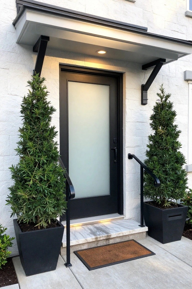 White shiplap house exterior with black metal handrails along a short set of marble entry steps leading to a frosted glass door, flanked by two large black pots each containing a conical evergreen tree, under a covered porch with integrated lighting.