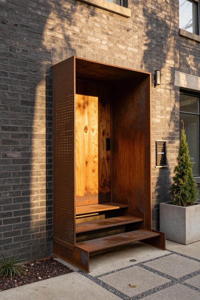 Close-up exterior view of a house entry with a tall wooden booth framed by perforated rusted metal panels, featuring integrated steel steps leading to a wooden door, next to a brick wall and potted plant.