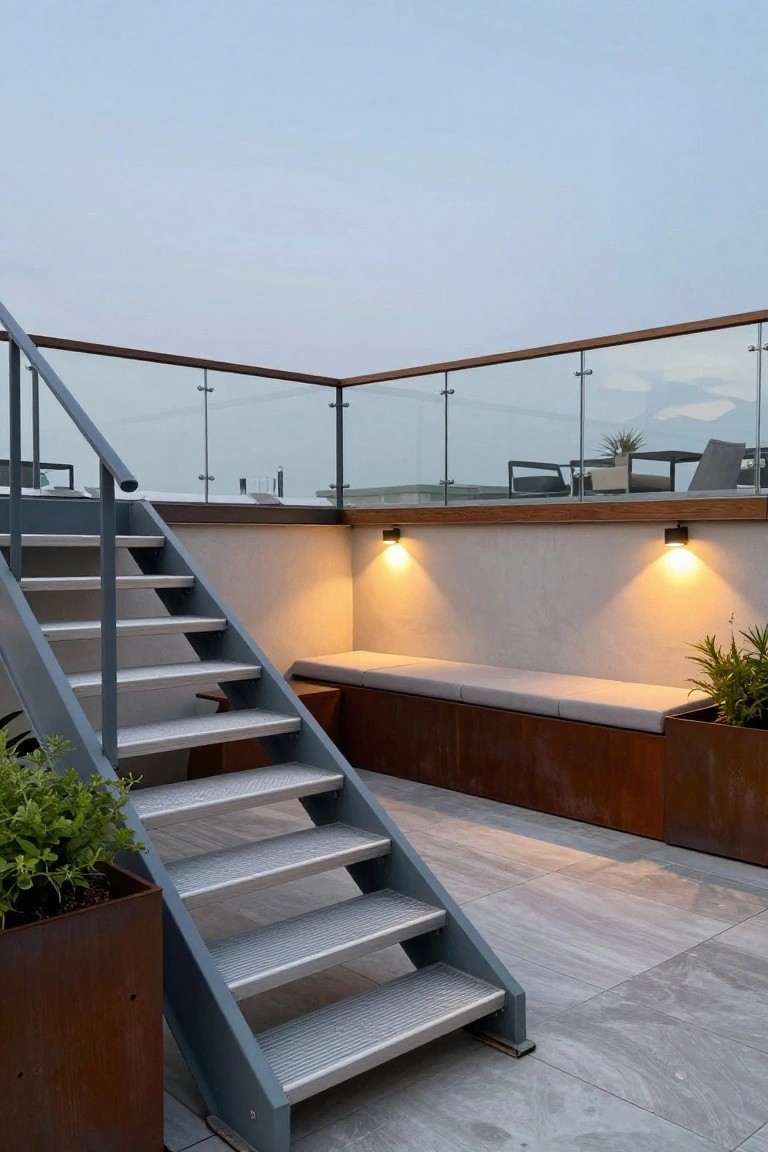 Gray metal staircase with glass panels and wood-topped railings ascending beside a cushioned bench built into a beige stucco wall, with corten steel planters containing green plants and wall-mounted lights on a gray tiled rooftop terrace at dusk.