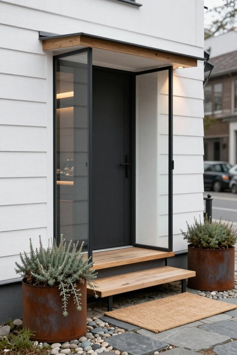 White clapboard house with open black-framed glass sidelight door, light wooden steps, two rusted metal planters holding spiky gray-green shrubs, seagrass welcome mat, and pebbled stone path.