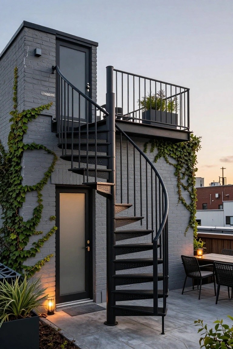 Gray brick house extension with central black metal spiral staircase ascending from tiled patio past ivy-covered walls to upper door and balcony railing, outdoor seating and plants nearby at dusk.