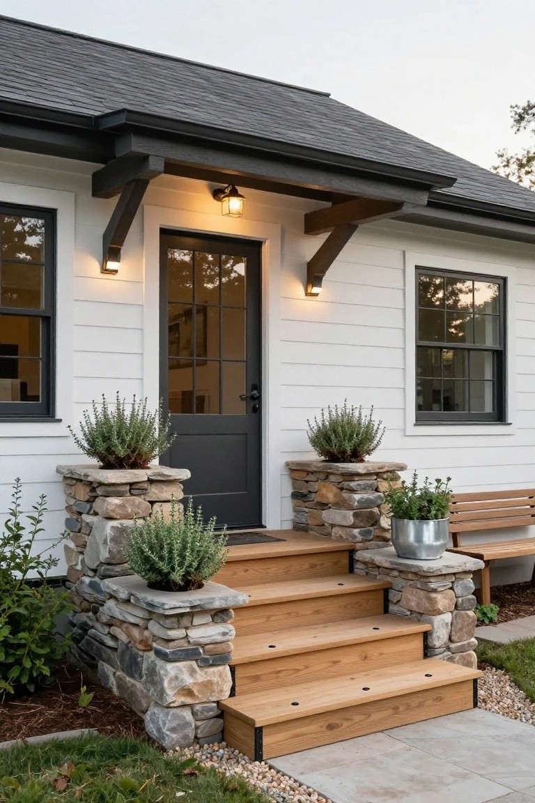 House exterior entrance with natural stone pillars flanking short wooden stairs leading to a dark wood door, white shiplap siding, black window frames, wall lights, and potted lavender plants on the pillars and nearby bench.