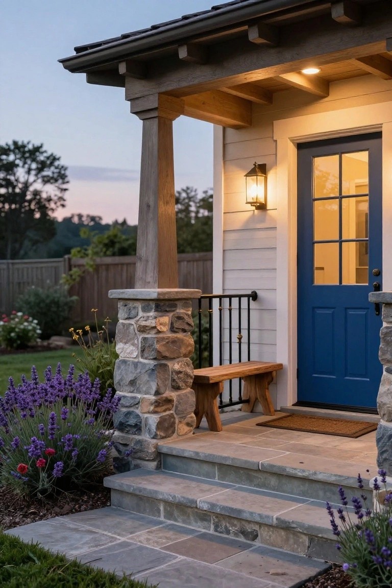 Front porch of a light-colored house with blue paneled door, wooden bench, stone pillars and steps, lavender plants, and lantern light at dusk.