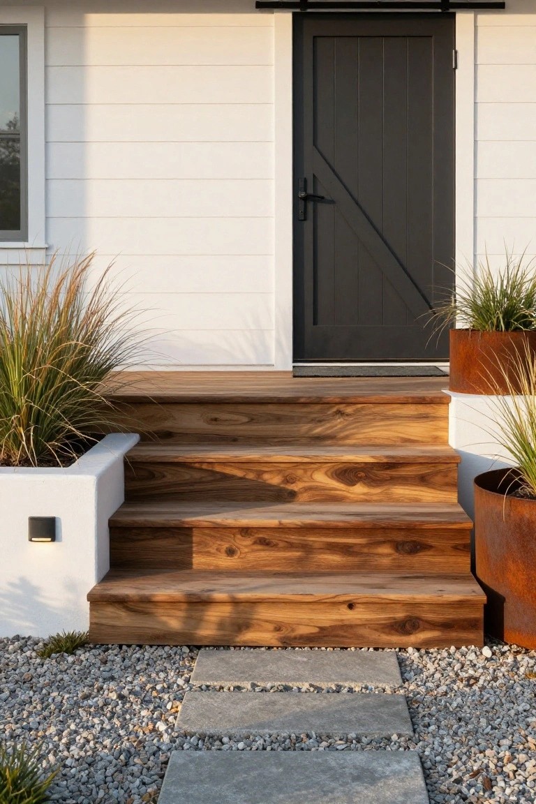 White shiplap house exterior with wooden stairs leading to a black sliding barn door, flanked by potted grasses and a gravel path with stone pavers.