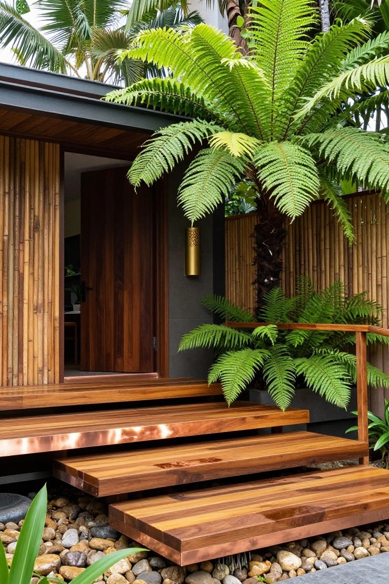 Wooden steps leading to modern entrance with lush ferns and bamboo.