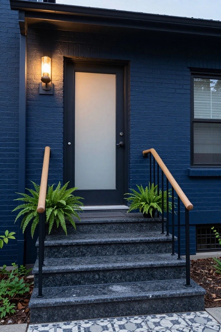 Navy brick house exterior with black granite entry stairs flanked by wooden handrails, two potted ferns, a frosted glass front door, and a wall-mounted outdoor light.