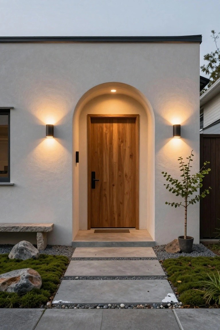 White stucco house exterior with black-framed window, arched wooden front door lit by black cylinder wall sconces, concrete entry step, stone bench, gravel pathway lined with large rocks and moss groundcover, potted tree nearby.