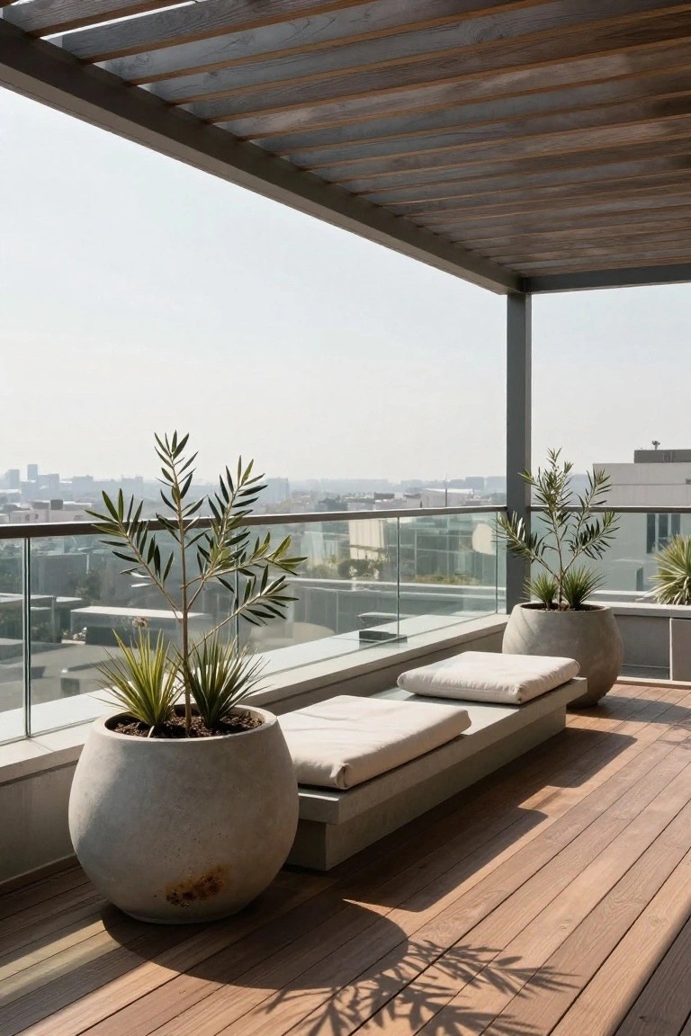 Balcony terrace featuring a wooden pergola overhead, built-in low bench with white cushions, large gray concrete pots with olive trees and agave plants, glass railing, wooden deck flooring, and distant city skyline view.
