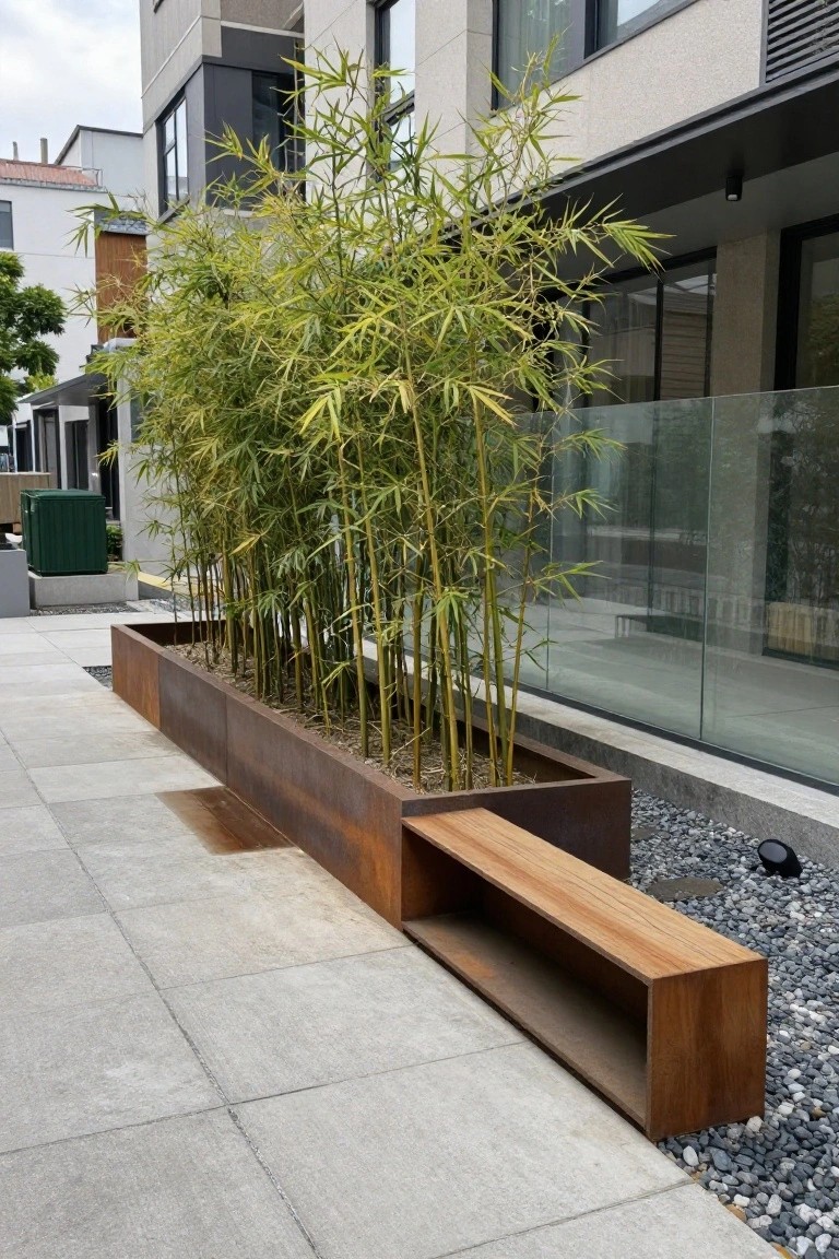 Long rectangular corten steel planter filled with tall bamboo stalks along a paved walkway, with an integrated wooden bench at one end, next to glass railings and modern buildings surrounded by pebbles.