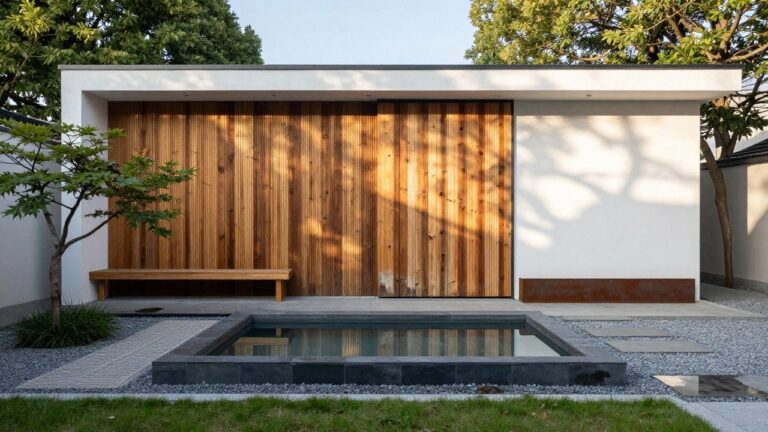 Modern white stucco house exterior with sloped dark roof, recessed entry framed in vertical wood planks containing a wooden door and bench, adjacent rectangular black-tiled water pond, gravel path with dark stone accents, small plant, and trees nearby.