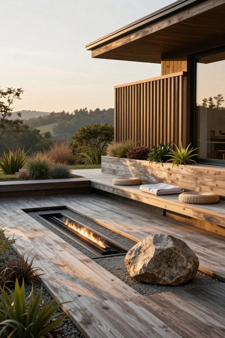 Wooden deck with embedded linear gas fire pit showing flames, built-in bench seating with cushions and woven pads, large rock, plants, and adjacent house corner overlooking hills at sunset.