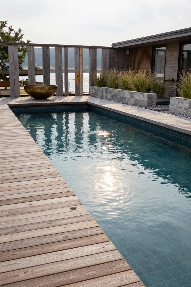 Wooden deck alongside a rectangular turquoise-tiled pool, with stone walls, tall grasses, a large metal bowl on a platform, wooden fence, and body of water in the background.