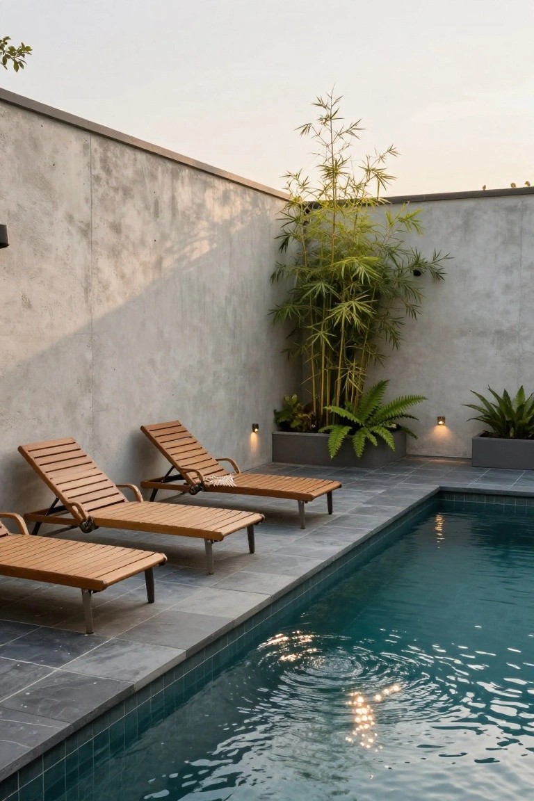 Three wooden lounge chairs aligned in a row along the edge of a rectangular turquoise swimming pool with dark slate paving, adjacent to a textured gray concrete wall featuring a tall bamboo plant and ferns in gray planters, lit by wall sconces at dusk.