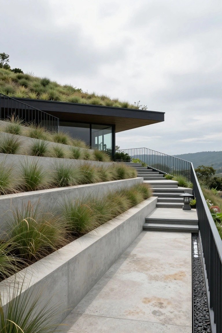 Modern house corner on a grassy hillside with layered concrete retaining walls planted with tall ornamental grasses, concrete stairs with black metal railings leading to a glass door, and a green sedum roof under cloudy skies.