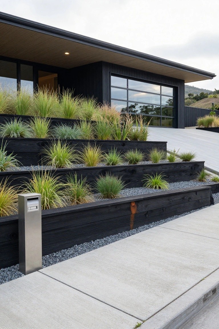 Black wood house with large glass garage door beside terraced black wood planters filled with ornamental grasses and gravel on a concrete driveway and hillside.