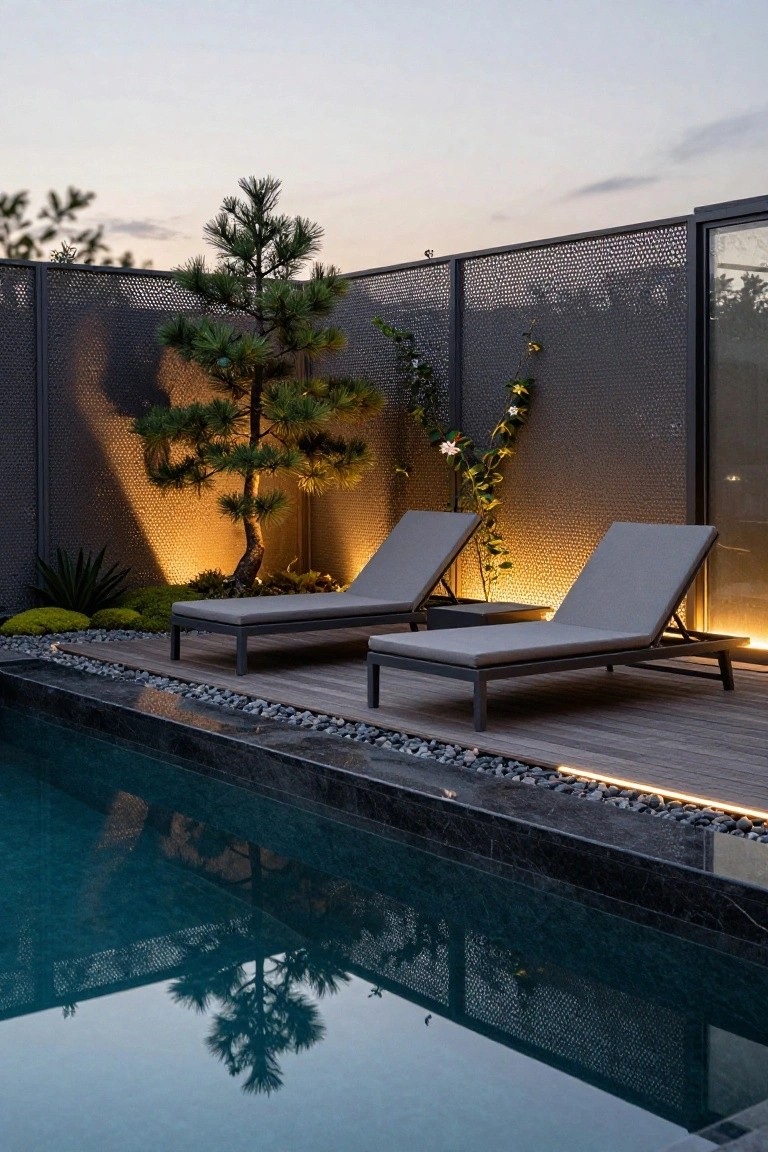 Dusk image of two gray lounge chairs on a light wooden deck beside a turquoise pool, with an uplit pine tree, mossy plants, pebble edging, and a dark perforated metal fence in the background.