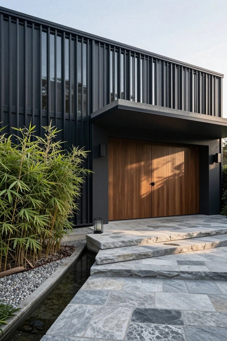 Modern house exterior with black vertical slatted cladding, double wooden garage doors, bamboo plants on one side, stone steps, pebble-edged water channel, and gray stone paving leading to the entrance.