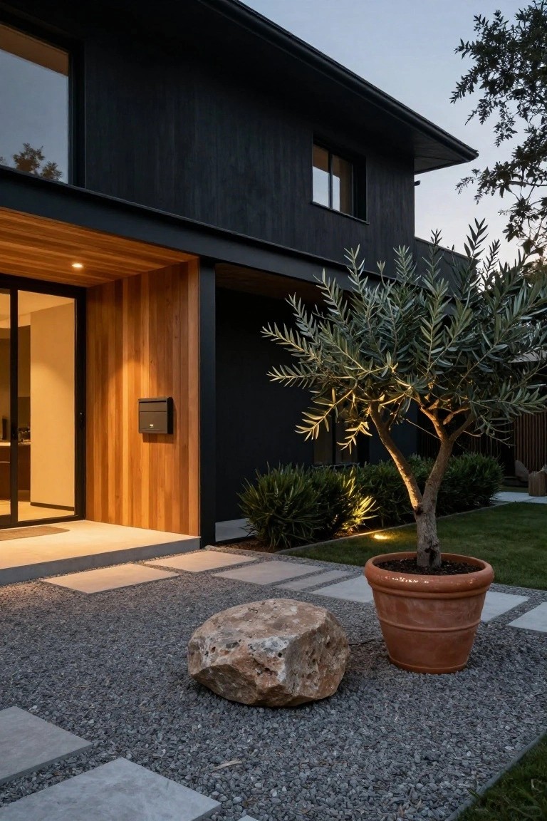 Wood Entry Softens Black Facade