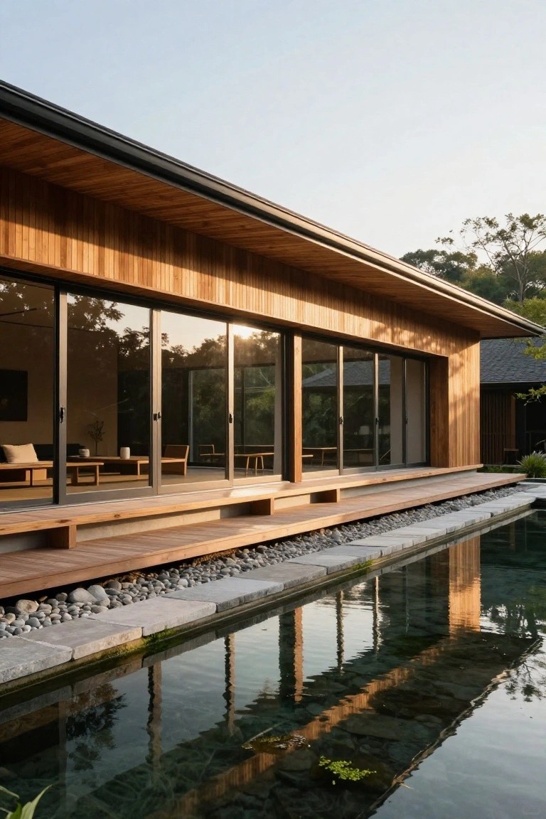 Wooden house exterior with horizontal cedar cladding, black-framed sliding glass doors opening to a raised wooden deck adjacent to a narrow pebble-lined reflecting pond and stone edging, with trees in the background.