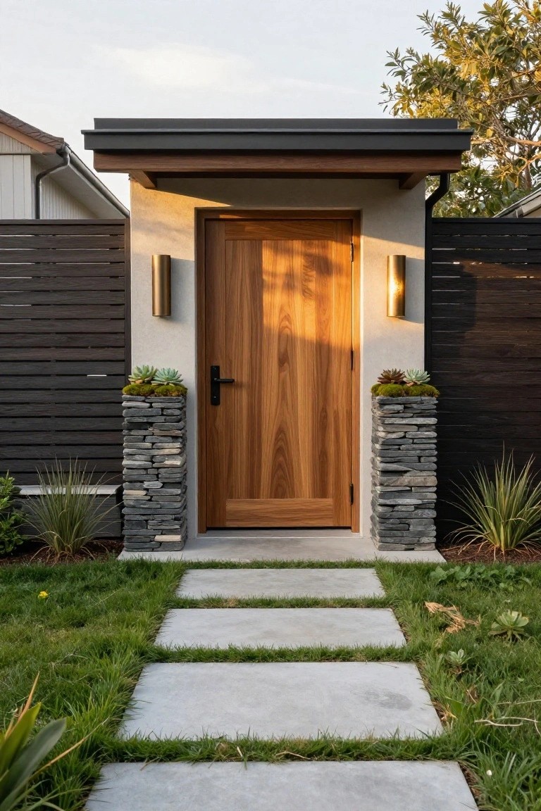 Modern front entry featuring a vertical wooden door under a flat roof overhang, flanked by two tall stacked stone pillars topped with potted succulents and moss, dark horizontal wood slat fences on both sides, concrete slab pathway leading through grass and plants.