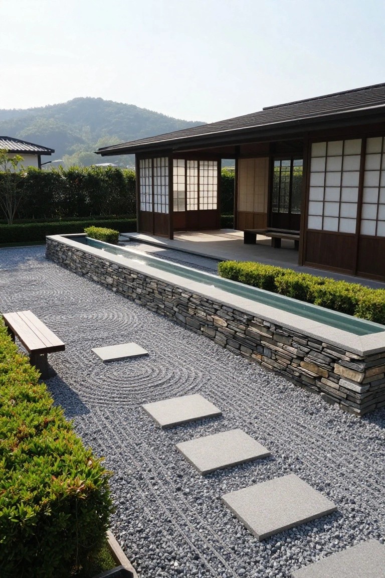 Japanese-style house with shoji screen walls and wooden veranda next to a gravel zen garden featuring raked pebble patterns, square stone stepping stones, linear water channel in a dry-stacked stone wall, wooden benches, and boxwood shrubs.