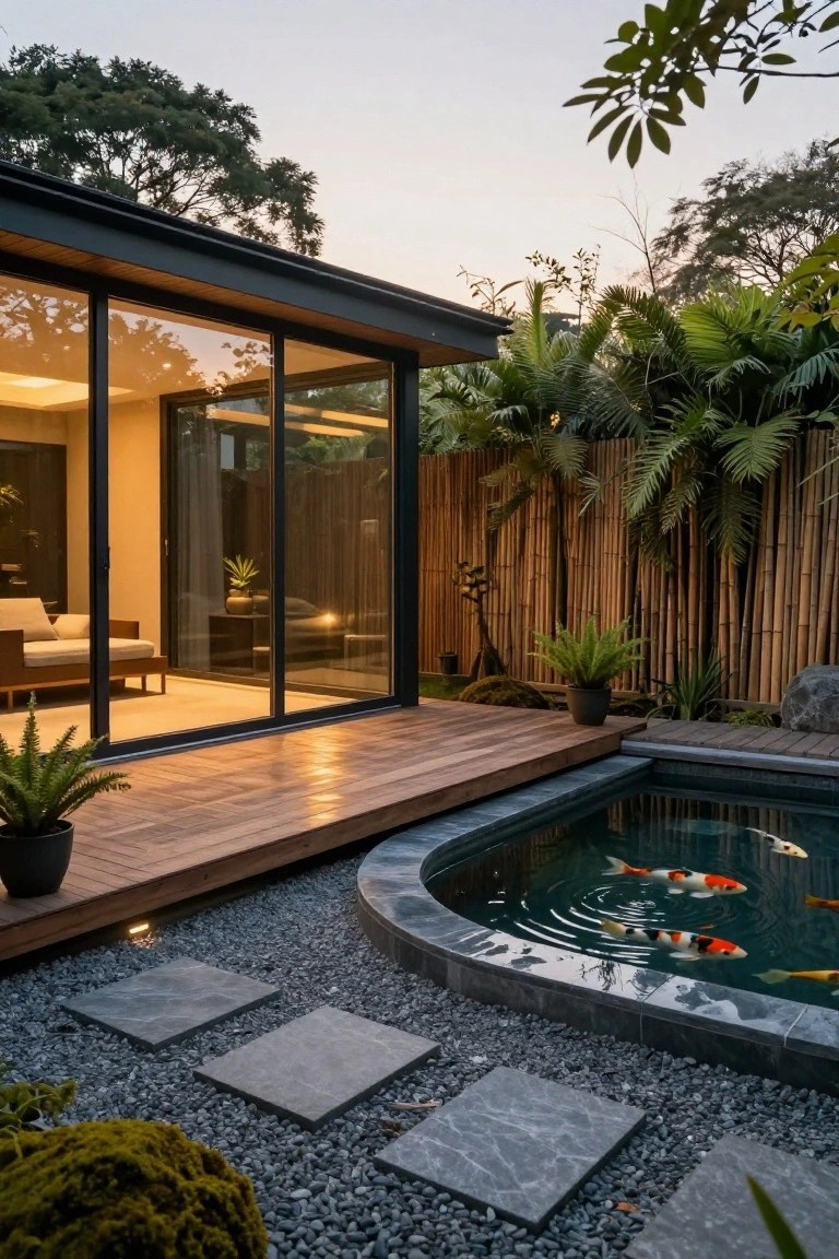 Curved black koi pond with orange and white koi fish next to a wooden deck extending from a modern glass-walled pavilion, surrounded by gravel paths, gray stepping stones, potted ferns, mossy boulders, and bamboo fencing in a garden at dusk.