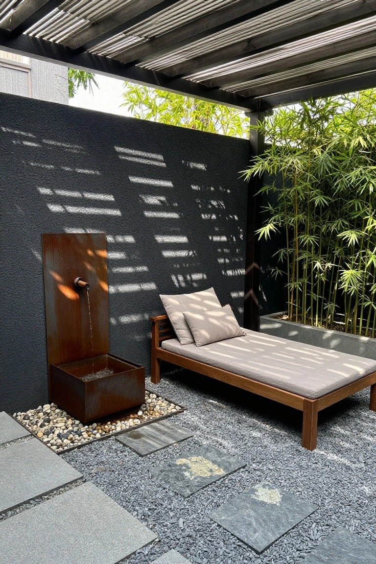 Shaded outdoor patio with wooden daybed and beige cushions, rust-finished metal wall fountain flowing into square basin with pebbles, tall bamboo plants against textured dark wall, gravel ground with stone pavers, under slatted wooden pergola.
