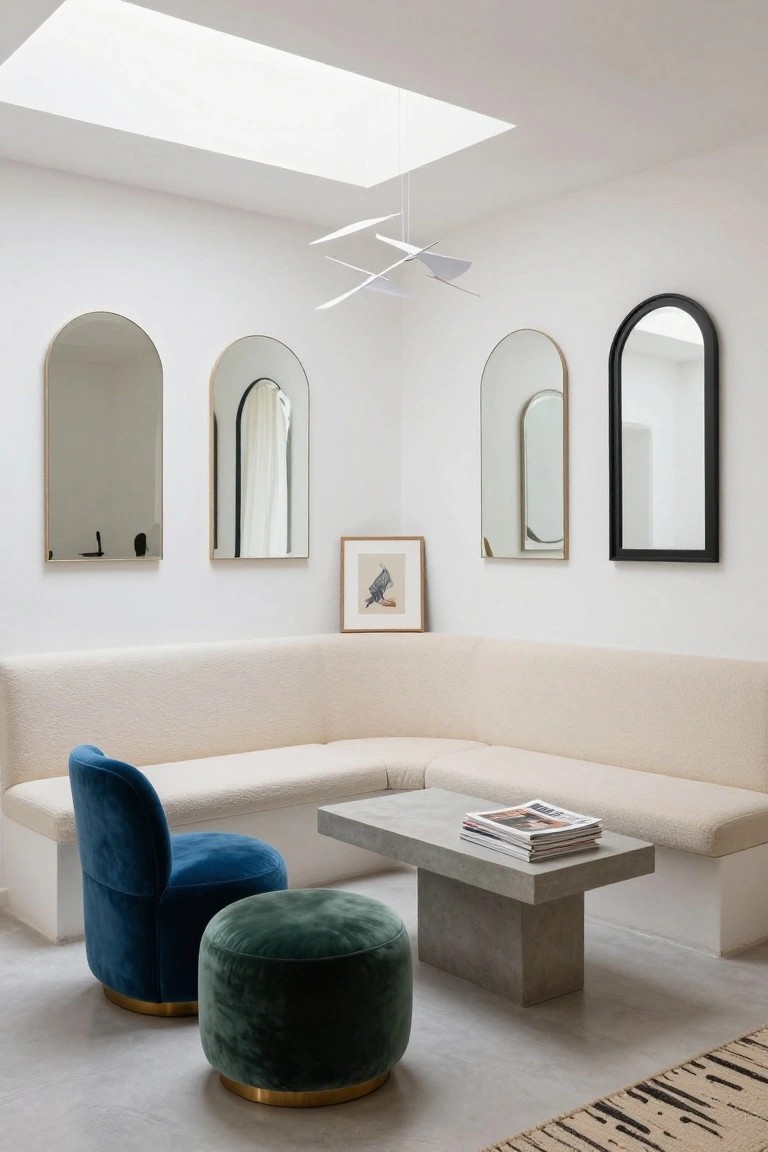 Modern living room corner with white walls, multiple arched mirrors in varied frames, cream bouclé L-shaped sofa, blue velvet chair, green pouf, concrete coffee table with magazines, small framed artwork, skylight above, and hanging light mobile.