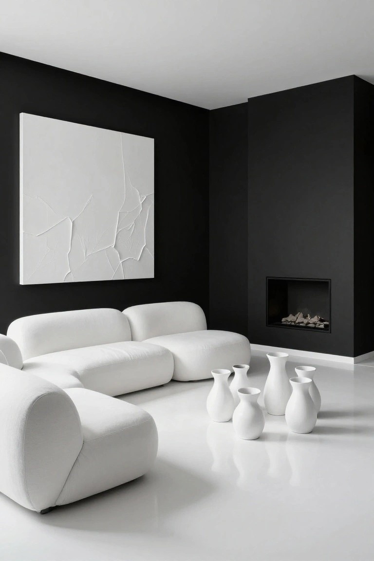 Modern living room featuring black walls, a large white abstract textured painting, built-in fireplace with gas logs, L-shaped white plush sofa, ottomans, and clustered white ceramic vases on a glossy white floor.