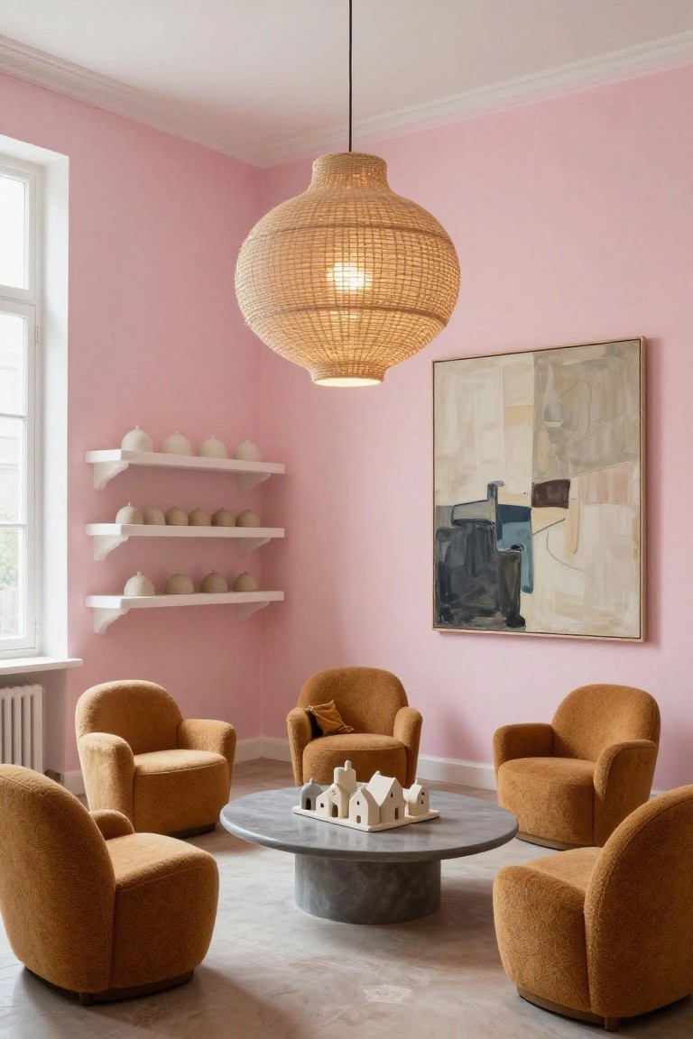 Pink-walled living room with white floating shelves displaying ceramic orbs, large framed abstract painting, five orange upholstered armchairs in circular arrangement around gray round table topped with white miniature houses, rattan pendant light overhead, and radiator by window.