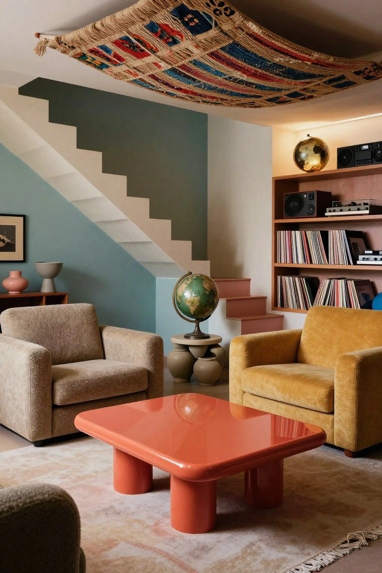 Living room with glossy orange low-profile coffee table on cylindrical legs between beige and mustard yellow velvety armchairs, colorful woven tapestry suspended from ceiling above white stairs against teal wall, wooden bookshelves with vinyl records, two globes on pedestals.