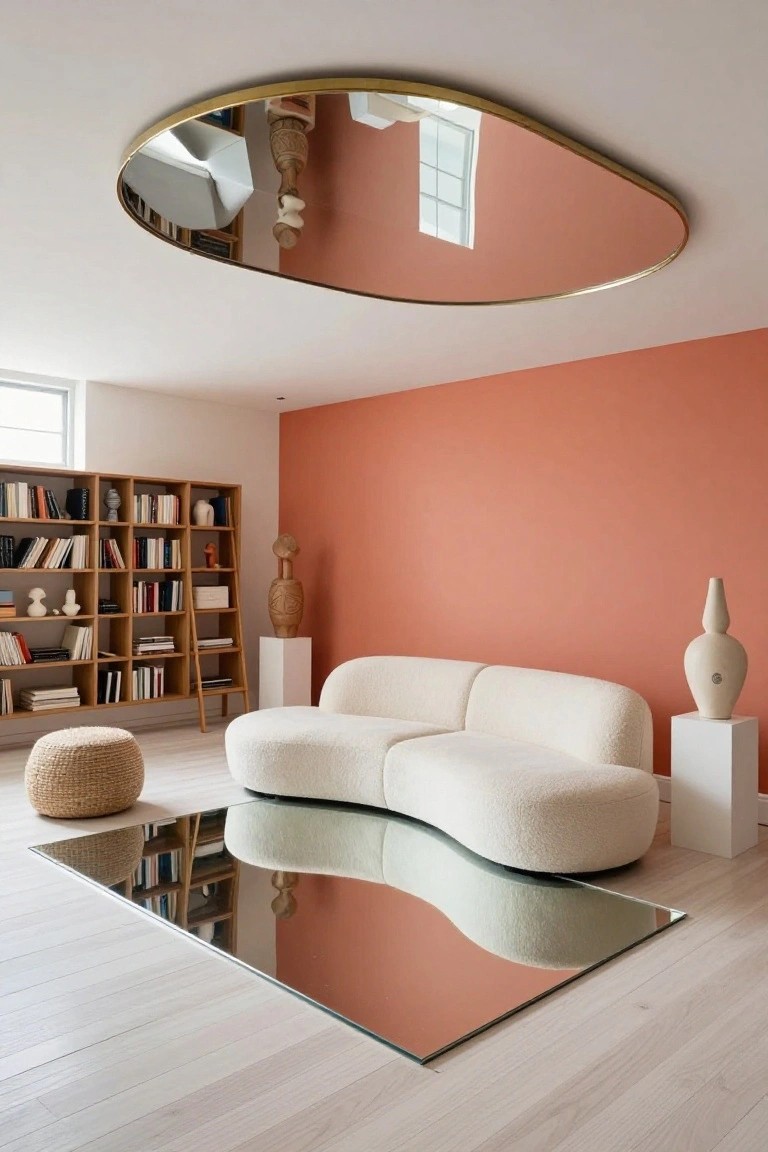 Modern living room featuring a large oval gold-framed mirror mounted on the ceiling reflecting a curved white bouclé sofa, wooden bookshelves on a terracotta wall, ceramic sculptures on white pedestals, a rattan pouf, and a rectangular floor mirror on light wood flooring.