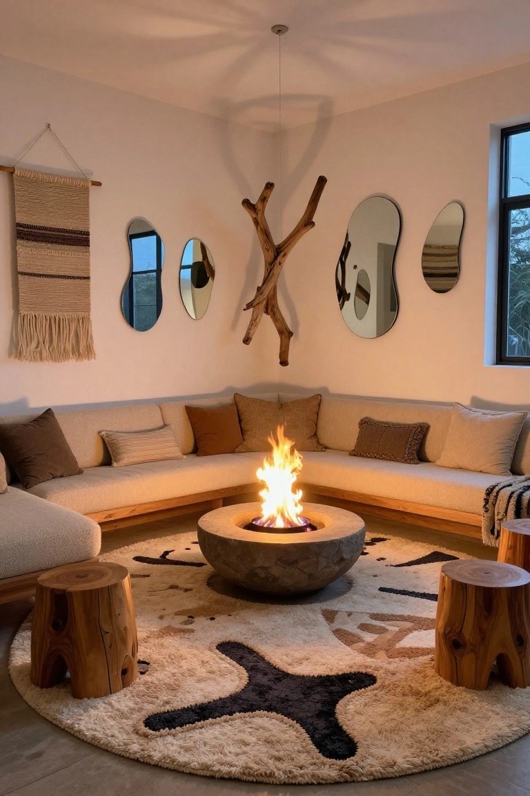 Corner indoor living room with beige L-shaped sofa curving around a lit circular stone fire pit on a large round rug with black abstract patterns, two wood stools beside it, irregular mirrors and woven wall hanging on white walls, and branch-like ceiling fixture.