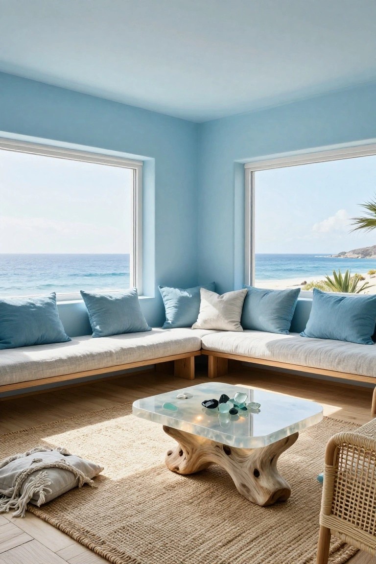 Light blue corner room interior with L-shaped low bench, blue and off-white cushions, clear resin-topped driftwood coffee table holding sea glass, rattan chair, knotted throw, seagrass rug, and large windows overlooking blue ocean, beach, and palms.