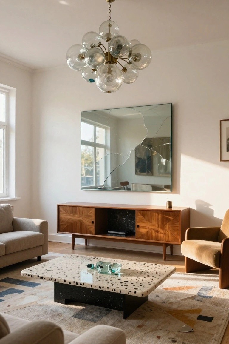 A bright living room with white walls, a large rectangular mirror featuring intentional cracks on one wall, a wooden credenza below it, a multi-globe glass chandelier overhead, beige sofas, a white-spotted terrazzo coffee table, and a patterned rug on wood floors.