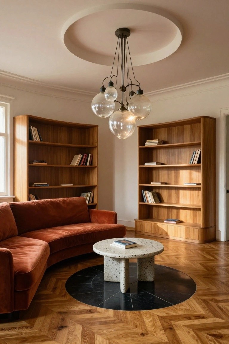 A modern living room corner with tall curved wooden bookshelves flanking a curved burnt orange velvet sofa, round white terrazzo coffee table on black circular floor inset, multi-bulb glass chandelier overhead, and herringbone wood parquet flooring.