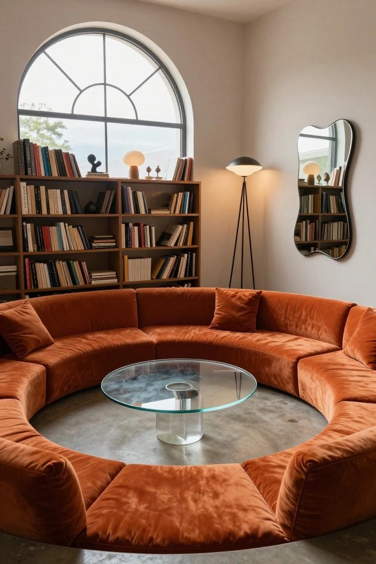 Modern living room with large burnt orange curved velvet sectional sofa arranged in a circle around a round glass table on a concrete floor, wooden bookshelves filled with books, floor lamps, and an arched window.