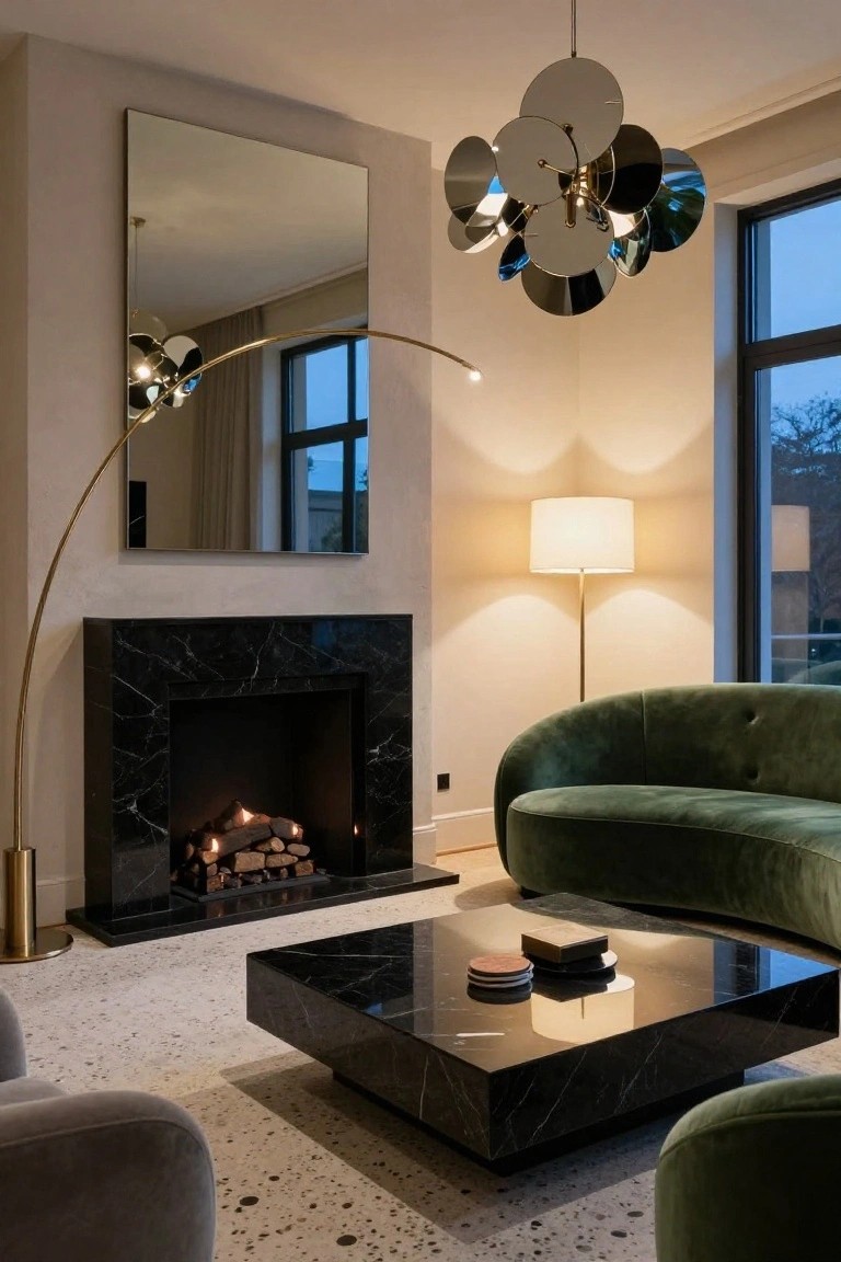 Modern living room with curved emerald green velvet sofa and armchairs around a black marble coffee table, black marble fireplace with lit logs, brass arc floor lamp, white shade floor lamp, silver disc pendant light, tall mirror, and large window at dusk.