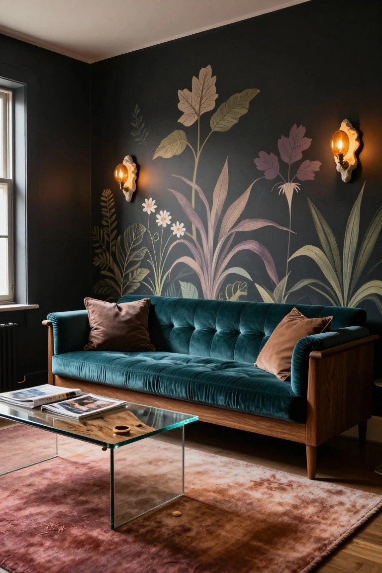 Living room corner with dark walls covered in large-scale botanical murals of leaves and flowers, teal velvet tufted sofa with brown pillows, glass coffee table with magazines, terracotta rug, wall sconces, and a radiator.