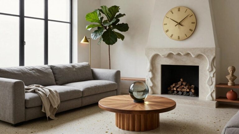 Modern living room with curved white plaster fireplace containing firewood, round walnut coffee table topped with glass orb, gray modular sofa with throw blanket and pillow, gold floor lamp, white bust sculpture, wall clock, and fiddle leaf fig plant by black-framed window.
